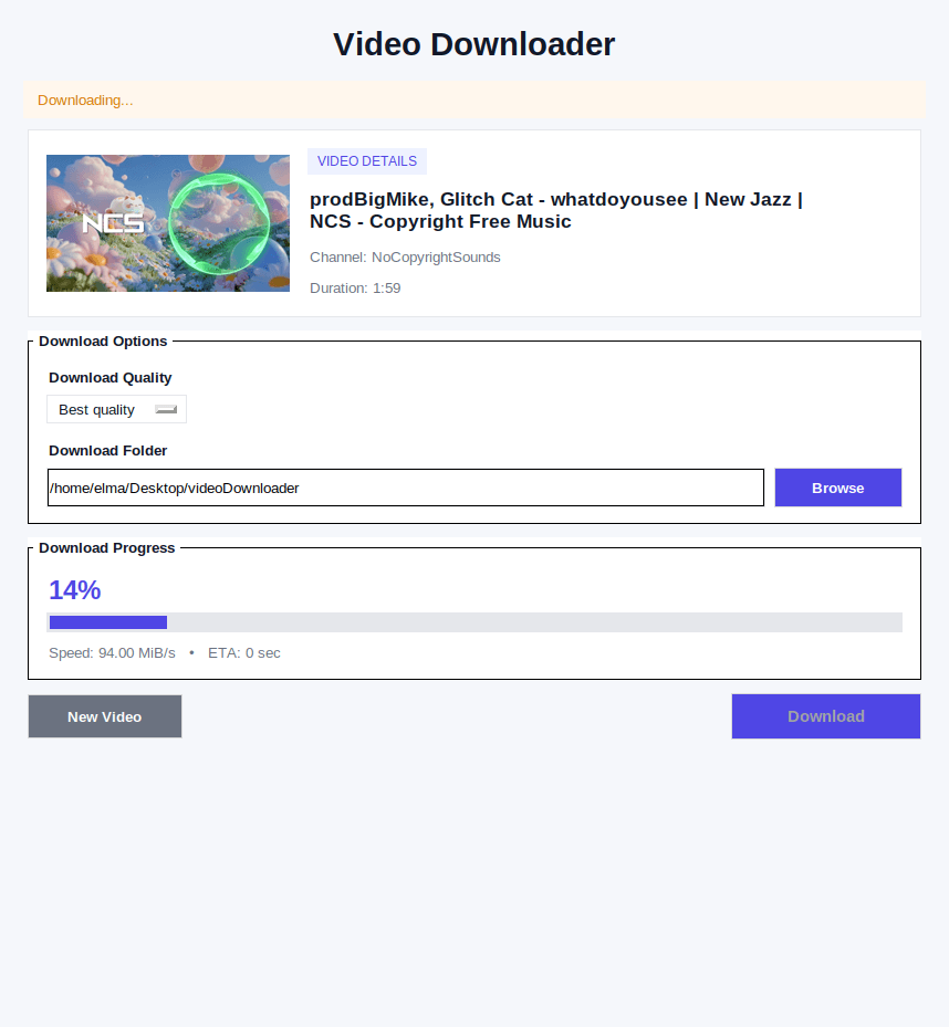 Video Downloader window showing a fetched video's details, quality and folder options, and a download at 14 percent.